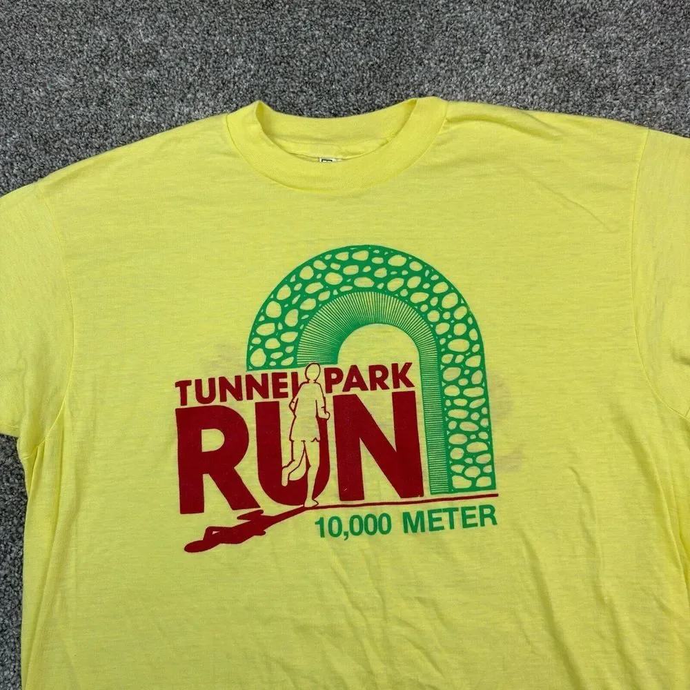 Vintage 70s Tunnel Park Run Race Shirt Mens XL Yellow Hanes 50/50 Squirt Sponsor - Picture 2 of 7